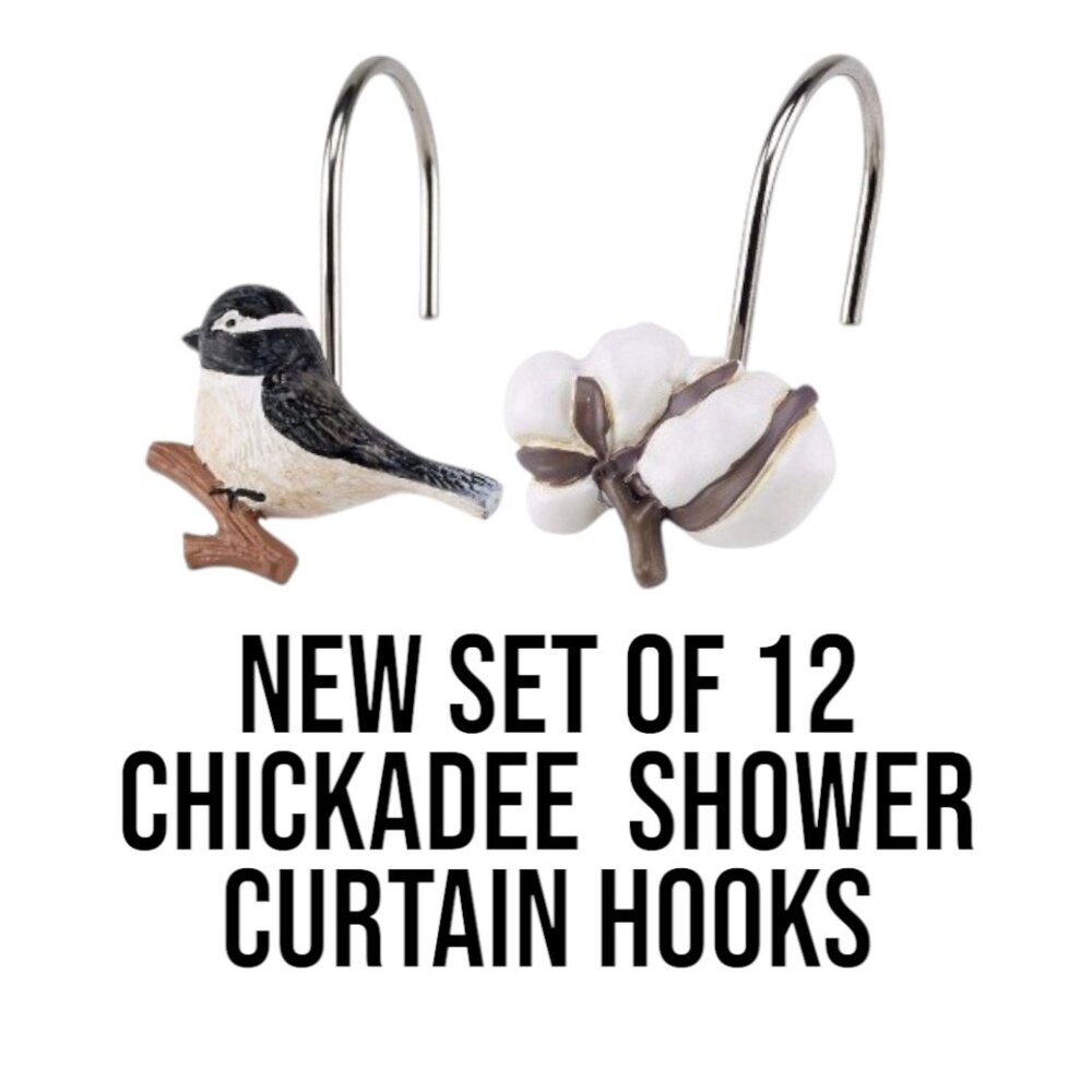 NEW Shower Curtain Hooks Multicolor Chickadee Bird Bathroom Decor Cotton Ball